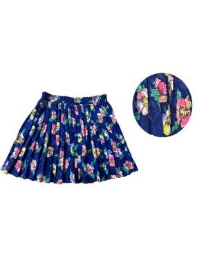 Vintage Reworked Silky Cobalt Blue Floral Pleated Mini Secretary Circle Skirt
